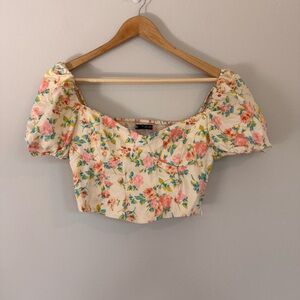 Zara Cream and Floral Puff Sleeve Corset Sweetheart Neck Crop Top
